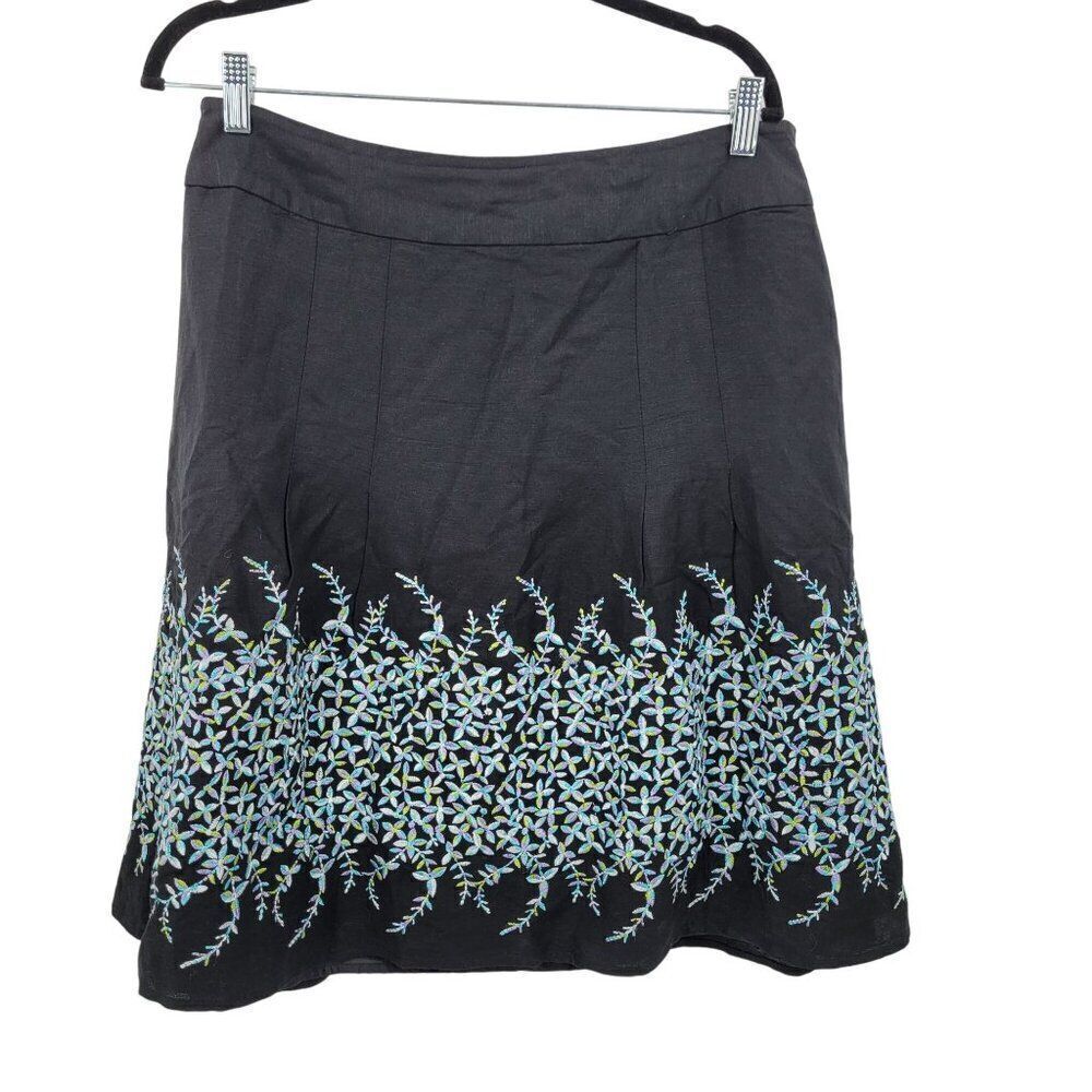 Vintage Dressbarn‎ Linen Skirt 12 Black Floral Embroidered Hem Aline Full Knee